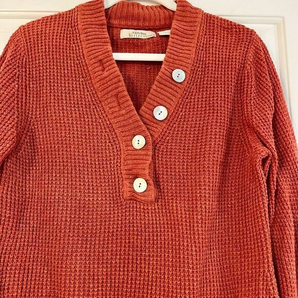 Natural Reflections Orange Waffle V-neck Long Sleeve Sweater Medium - Picture 3 of 10
